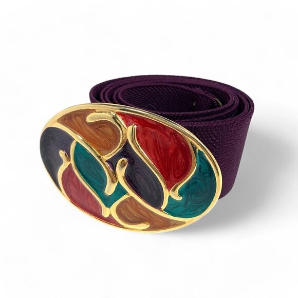 Nan Lewis 1980's Cloisonné Buckle Stretch Elastic Belt Purple, Gold, Green 34"L - Picture 8 of 8